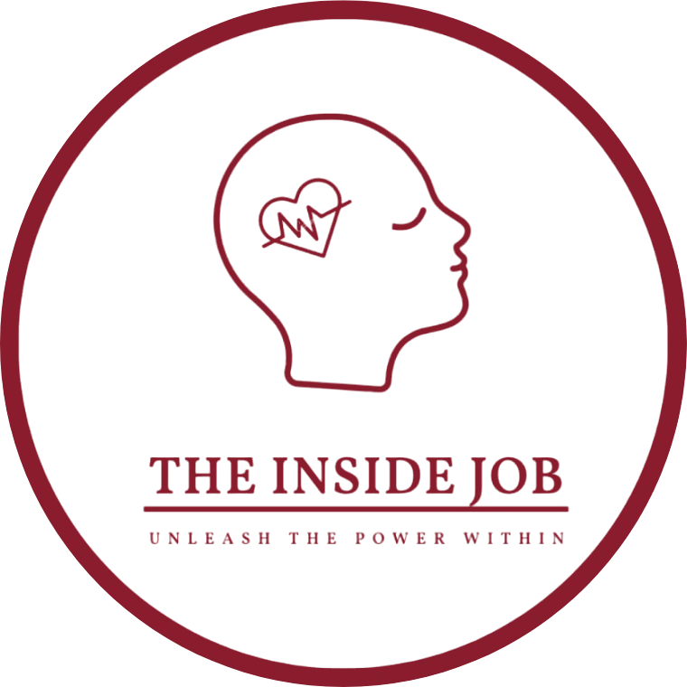 The Inside Job logo: a head in profile with a heartbeat heart, ringed, with the words Unleash the power within